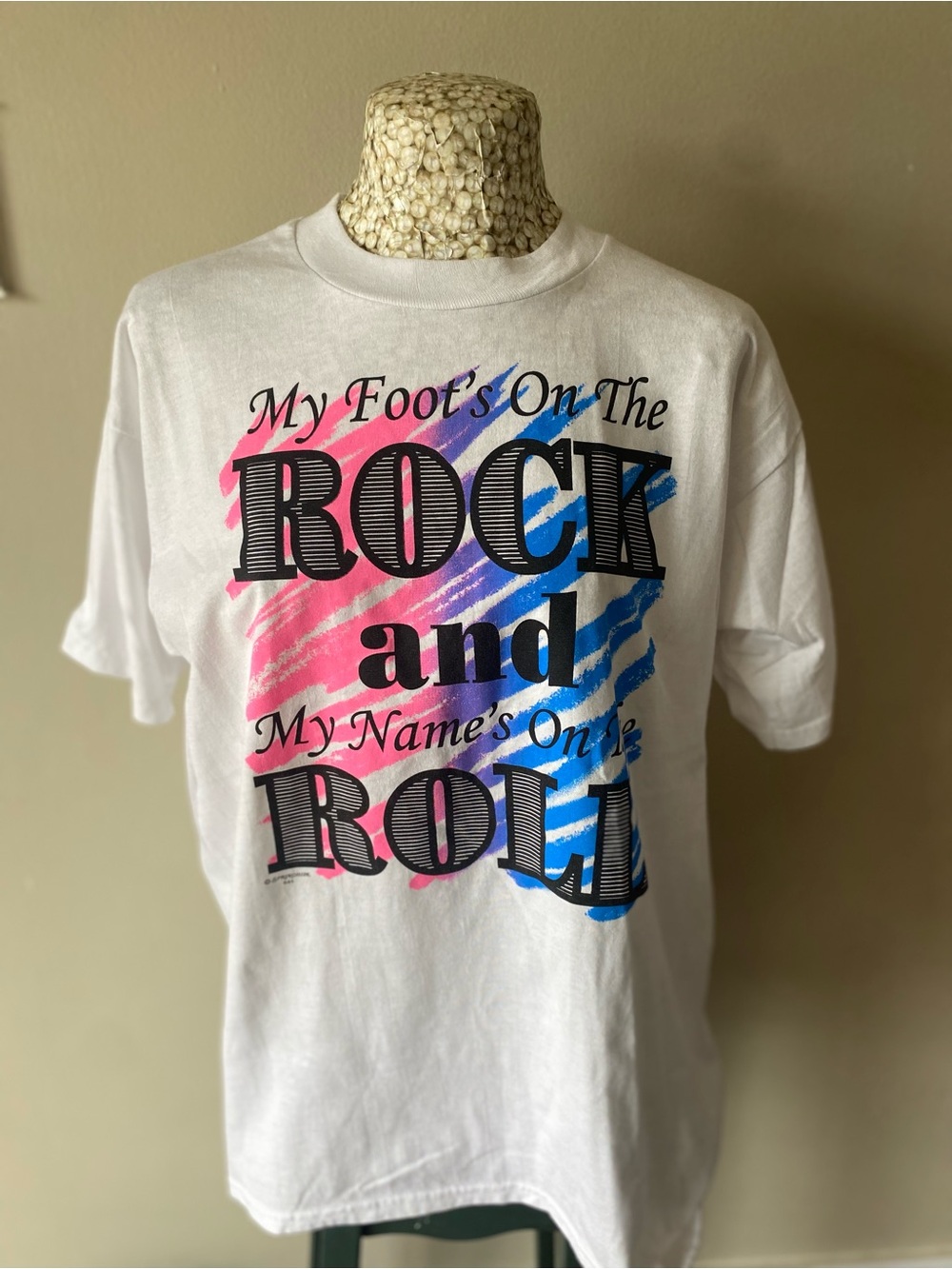 White  'Rock and Roll' Graphic Tee with Pink & Blue Accents